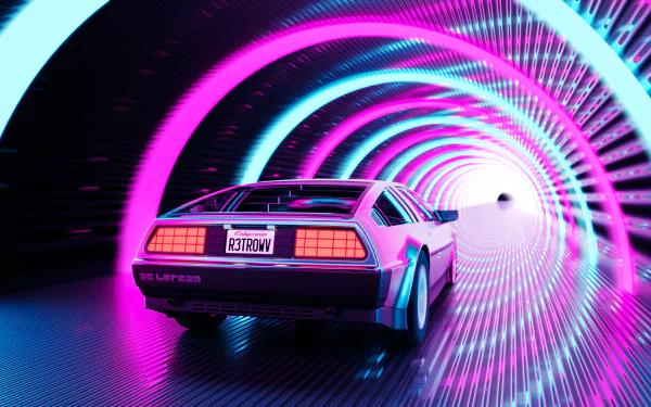 HD wallpaper featuring a retro wave artistic depiction of the iconic DeLorean DMC-12 from 'Back to the Future,' driving through a neon-lit tunnel in vibrant pink and blue hues.