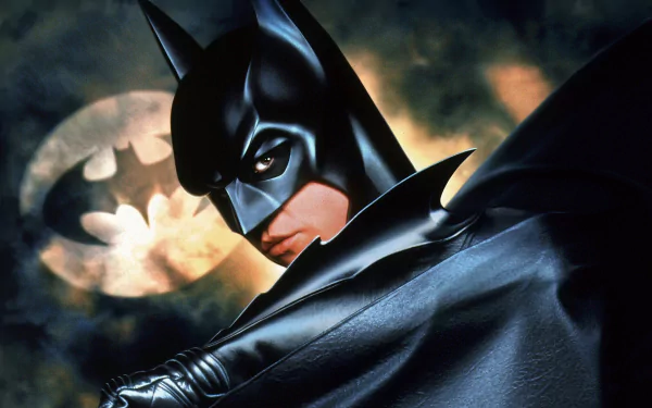 HD PC desktop wallpaper of Batman from the movie Batman Forever, featuring a close-up of Batman with the Bat-Signal glowing in the smoky background.