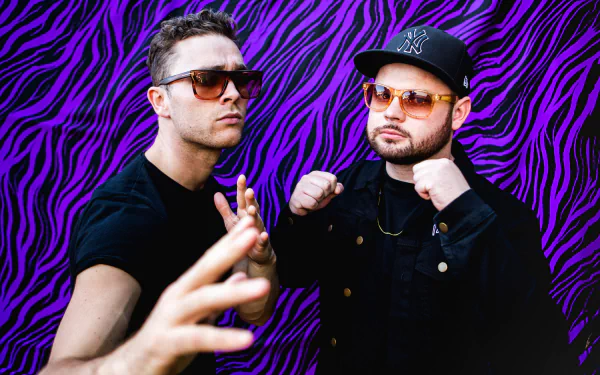 HD desktop wallpaper featuring two stylish band members in front of a vibrant purple patterned background, tagged Royal Blood.