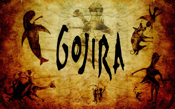 HD Gojira-themed desktop wallpaper with vintage background and silhouettes.