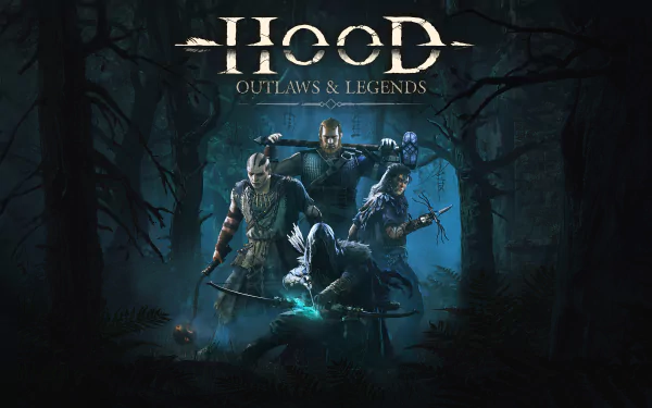 HD wallpaper featuring characters from Hood: Outlaws & Legends video game with a dark forest backdrop for desktop background.