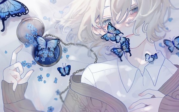 Anime Girl Blue Eyes Tears Butterfly Short Hair HD Wallpaper | Background Image