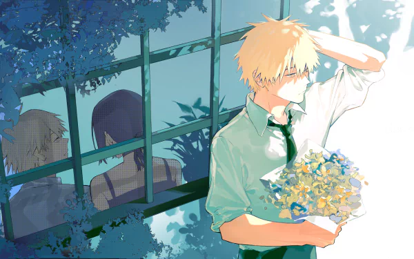 4K Ultra HD anime wallpaper featuring Denji holding flowers outside a window reflecting Reze from Chainsaw Man.