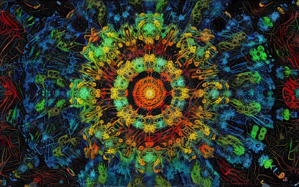 Vibrant abstract fractal design in vivid colors forming a complex circular pattern, rendered in 4K Ultra HD for PC desktop wallpaper and background.
