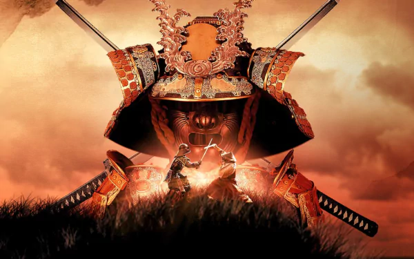 HD desktop wallpaper featuring an artistic representation of a samurai in traditional armor with a fiery backdrop, symbolizing the Age of Samurai: Battle for Japan series.