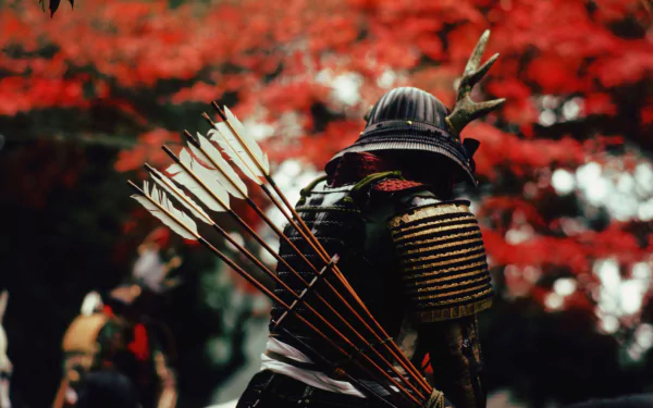 Samurai warrior with arrows in full armor under autumn red maple trees, HD wallpaper from Age of Samurai: Battle for Japan series.