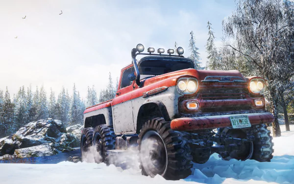 HD desktop wallpaper of SnowRunner featuring an off-road truck powering through a snowy landscape.