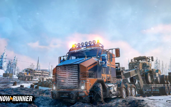 SnowRunner HD desktop wallpaper featuring heavy trucks in a snowy terrain with game logo visible.
