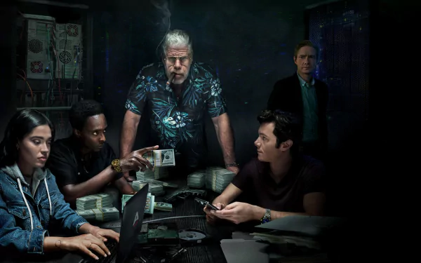 HD wallpaper of a diverse startup team engaged in intense discussion with money on the table, symbolizing entrepreneurship, teamwork, and strategy in a dimly lit room for desktop background.