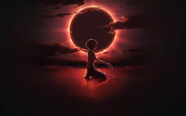 HD desktop wallpaper featuring Griffith from the anime Berserk, depicted kneeling in a landscape illuminated by a dramatic solar eclipse, with dark clouds and a glowing red sky in the background.