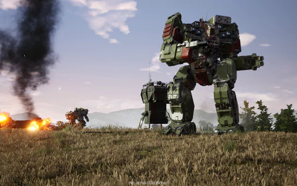 HD desktop wallpaper featuring MechWarrior 5: Mercenaries robots in a battle scene with explosions and smoke on the battlefield.