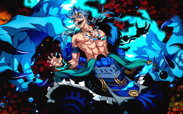 Grimmjow Jaegerjaquez from Bleach depicted in vibrant blue tones with fierce expression, showcased in a 4K Ultra HD anime desktop wallpaper.