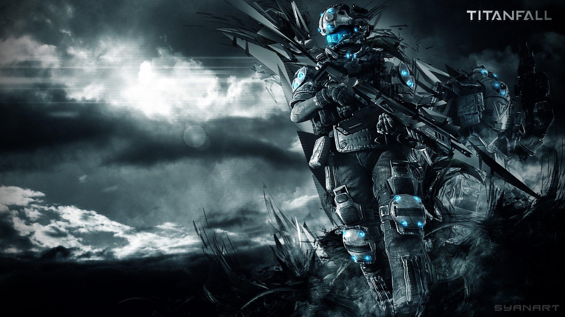 HD PC desktop wallpaper featuring two futuristic soldiers from the video game Titanfall, set against a dark, stormy landscape with the Titanfall logo in the corner.