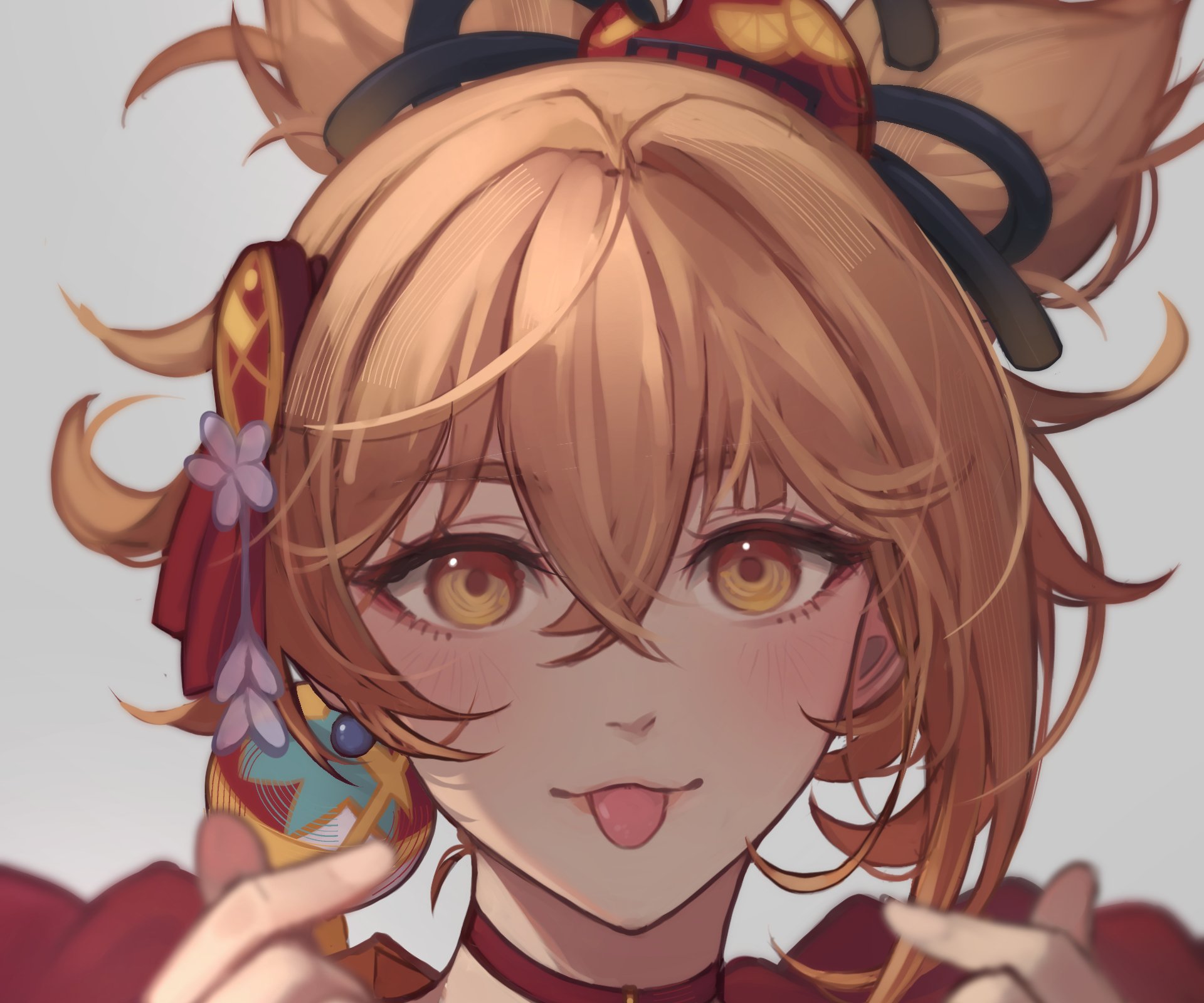 HD PC desktop wallpaper featuring Yoimiya from the video game Genshin Impact, showcasing her detailed anime-style face and vibrant design.