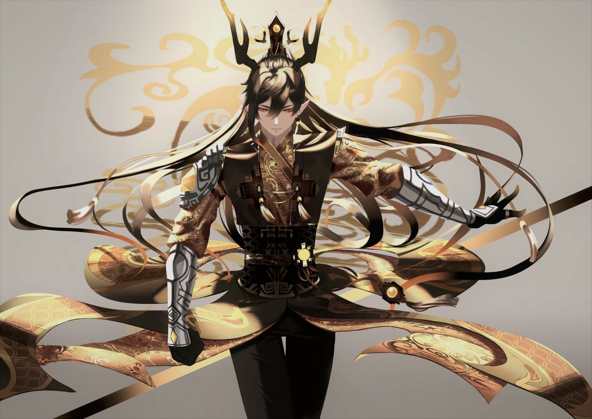 HD PC desktop wallpaper featuring Zhongli, also known as Rex Lapis, from the video game Genshin Impact, depicted with flowing robes and intricate gold details.