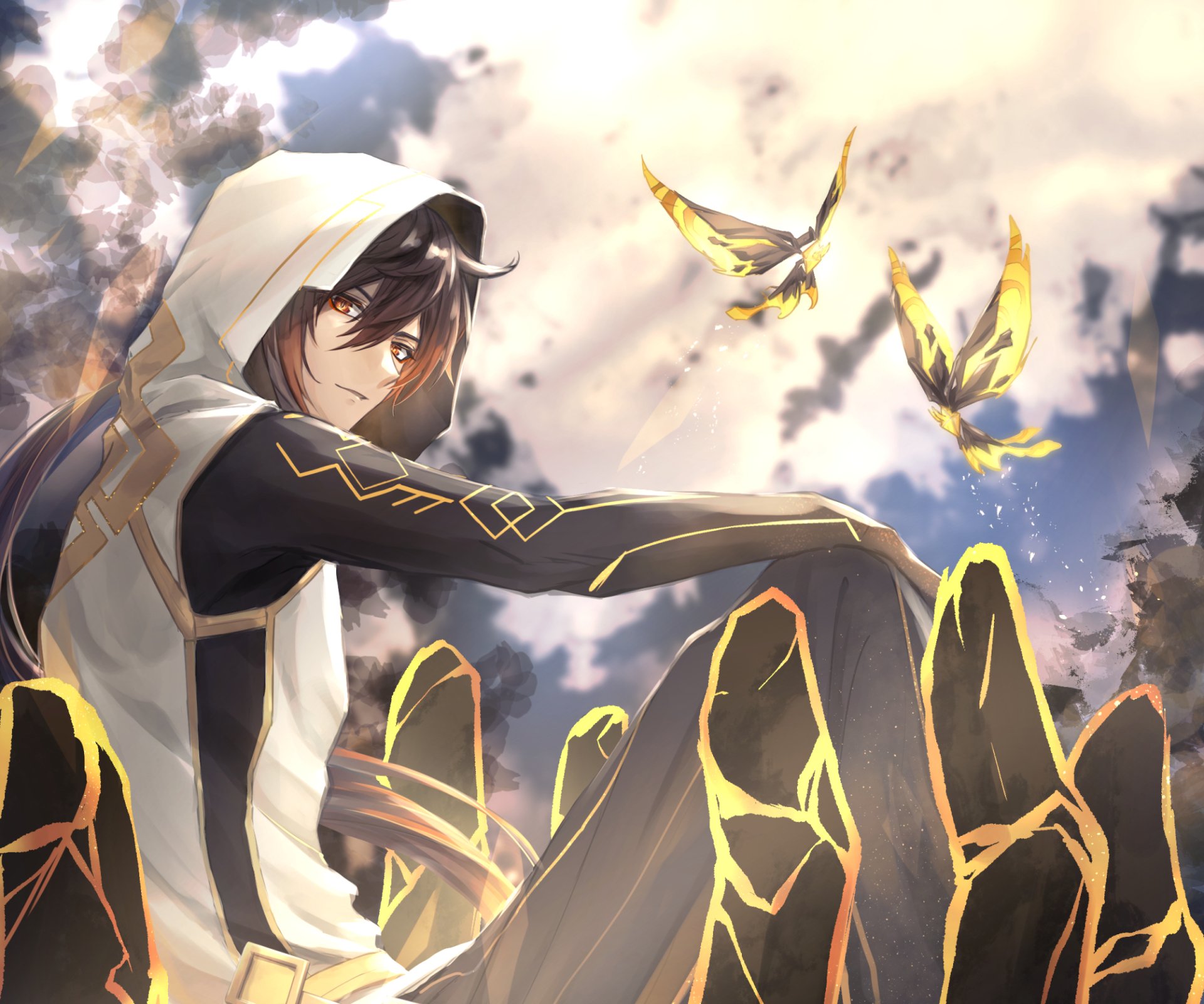HD PC wallpaper featuring Zhongli, also known as Rex Lapis, from the video game Genshin Impact, surrounded by glowing butterflies and a dynamic sky backdrop.