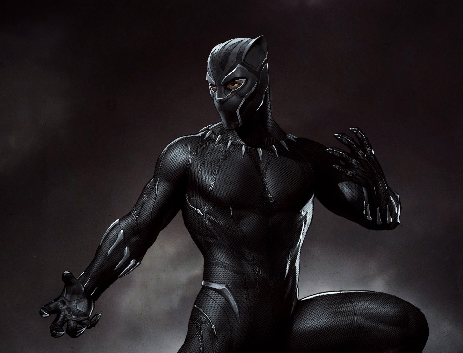 HD wallpaper featuring the Black Panther from Marvel Comics, poised in a dynamic stance against a dark background.