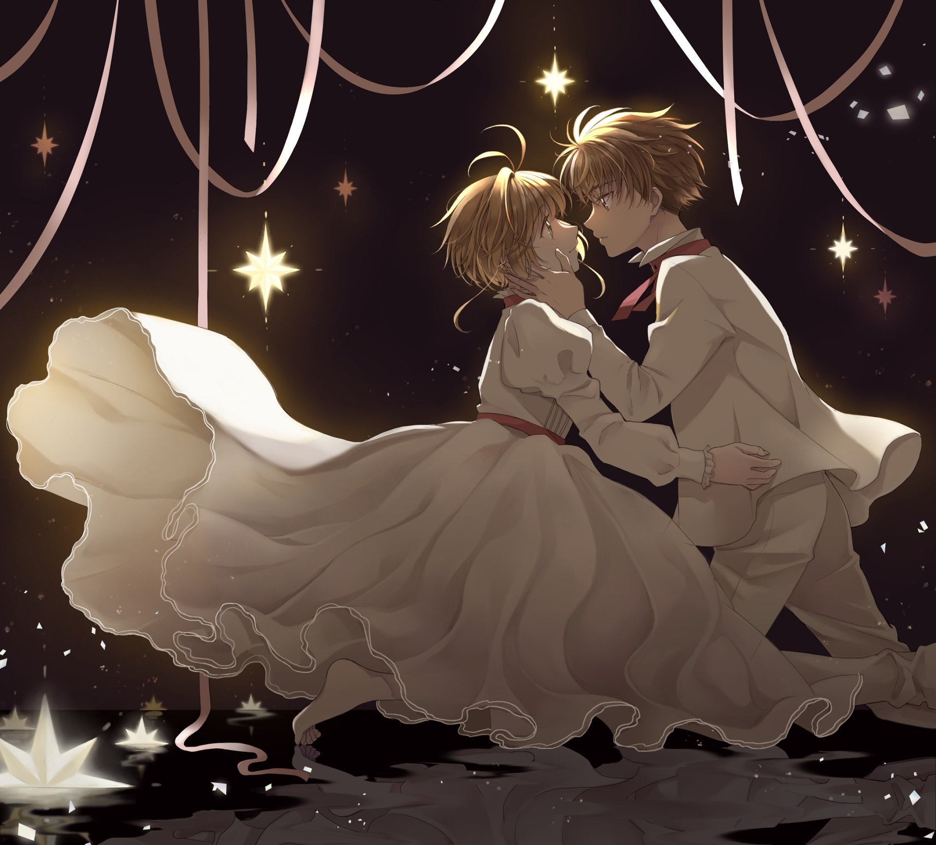 HD anime desktop wallpaper featuring Syaoran Li and Sakura Kinomoto from Cardcaptor Sakura in a romantic couple pose with flowing attire and starry background.