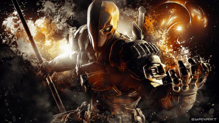 HD desktop wallpaper featuring Deathstroke from the video game Batman: Arkham Origins. The character is depicted in a dynamic, action-packed pose, surrounded by fiery and smoky effects.