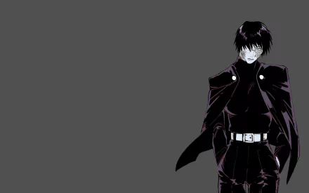 HD PC wallpaper featuring Maki Zenin from the anime Jujutsu Kaisen, depicted in a dark outfit against a minimalist gray background.