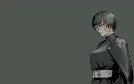 HD PC desktop wallpaper featuring Maki Zenin from the anime Jujutsu Kaisen, showcasing her in a dark outfit against a muted gray background.