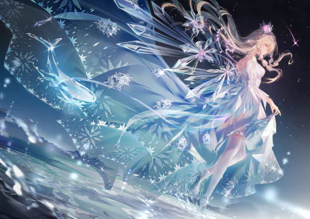 4K Ultra HD anime wallpaper featuring a graceful anime girl in a flowing, crystal-like dress with intricate snowflake patterns against a shimmering night sky.