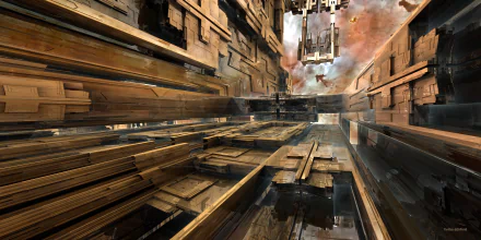 A 4K Ultra HD digital art of a 3D sci-fi fractal architecture with intricate geometric structures extending into a cloudy, abstract sky background.