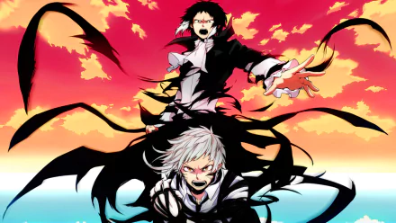 HD anime desktop wallpaper featuring Atsushi Nakajima and Ryūnosuke Akutagawa from Bungou Stray Dogs against a vivid sunset sky.