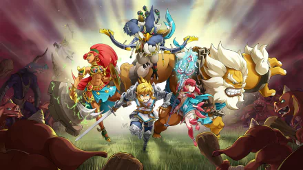 HD PC desktop wallpaper/background from the video game Hyrule Warriors: Age of Calamity — Link leads champions Revali, Urbosa, Mipha and Daruk charging across a dramatic battlefield.