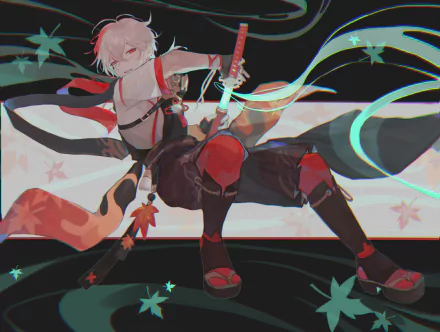 Kaedehara Kazuha from Genshin Impact in dynamic pose, featured in a 4K Ultra HD PC desktop wallpaper from the video game Genshin Impact.