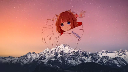 Anime-style Virtual YouTuber character with red hair and bright eyes, set against a snowy mountain range at sunset in an HD PC desktop wallpaper background.