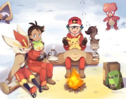 Ash Ketchum and Goh sit by a campfire in the snow with Pikachu, Cinderace, Grookey, Magby, and Snorunt from the Pokémon anime in this HD desktop wallpaper.