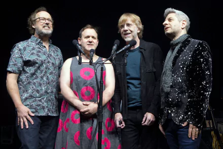 HD wallpaper of the members of the band Phish posing together on stage, suitable as a desktop background.