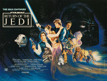 HD desktop wallpaper featuring Star Wars Episode VI: Return of the Jedi movie poster with main characters and iconic elements such as the Death Star and Darth Vader.
