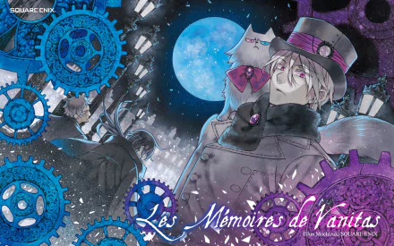 HD desktop wallpaper featuring Vanitas and Noé Archiviste from the anime The Case Study Of Vanitas, with vibrant blue and purple clockwork gears under a full moon.