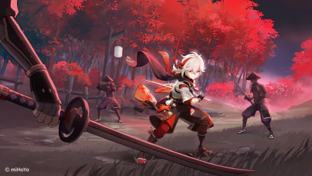 HD desktop wallpaper featuring Kaedehara Kazuha from the video game Genshin Impact, depicted in a dynamic scene with vibrant red foliage and three samurai enemies in the background.