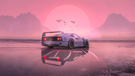 4K Ultra HD PC desktop wallpaper of a sleek sports car on a reflective surface with a pink sunset and mountains in the background.