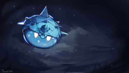 HD PC desktop wallpaper featuring a cracked blue Slime from the video game Genshin Impact, set against a dark, misty background.