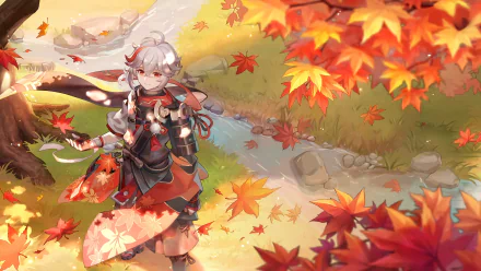 HD desktop wallpaper featuring Kaedehara Kazuha from Genshin Impact, standing in a vivid autumn landscape with swirling red leaves.