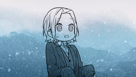 Wide-eyed chibi Yoshikawa Yuki from Hori-san to Miyamura-kun against a snowy blue gradient, HD anime PC desktop wallpaper