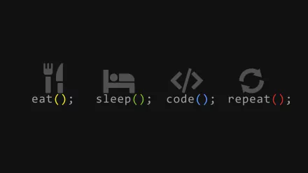 A dark-themed 4K Ultra HD desktop wallpaper featuring minimalist icons for eat, sleep, code, and repeat, representing the programmer's lifestyle in a sleek, modern design.