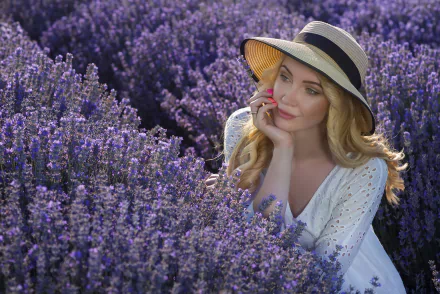 purple flower lavender blonde hat woman model HD Desktop Wallpaper | Background Image