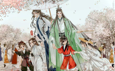HD PC desktop wallpaper: anime crossover of Xie Lian, Shen Qingqiu, Luo Binghe, Hua Cheng, Wei Wuxian and Lan Wangji walking beneath blooming cherry blossoms.