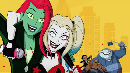 HD PC desktop wallpaper featuring animated characters Harley Quinn and Poison Ivy from the TV show Harley Quinn against a cityscape background.