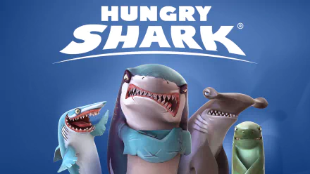 4K Ultra HD PC desktop wallpaper of Hungry Shark World video game featuring four stylized sharks and the Hungry Shark logo on a blue background.