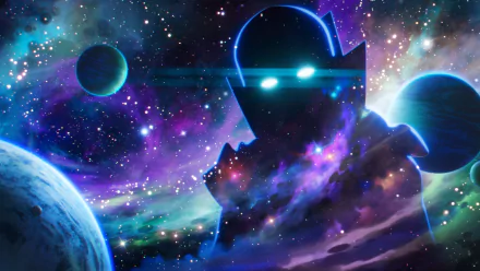 4K Ultra HD PC wallpaper of Marvel Comics' Watcher from the TV show What If..., set against a vibrant cosmic background with planets and stars.