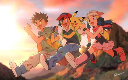 Dawn (Pokémon) Brock (Pokémon) Pikachu Ash Ketchum Anime Pokemon HD Desktop Wallpaper | Background Image