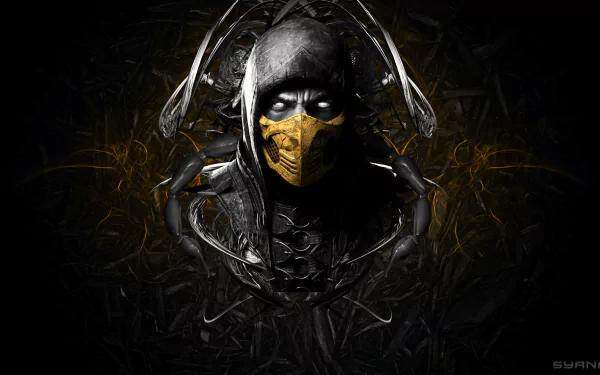 HD desktop wallpaper featuring Scorpion from Mortal Kombat X, showcasing his iconic mask and hood with a dark, intricate background design.