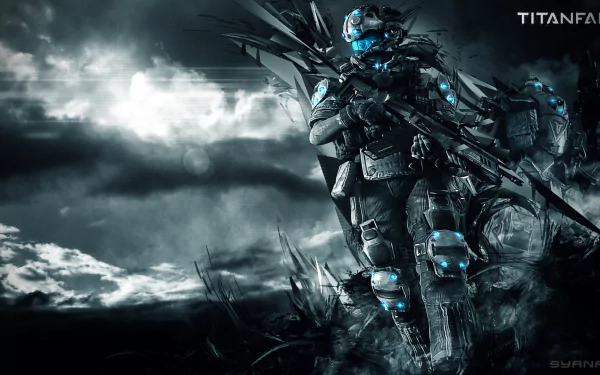 HD PC desktop wallpaper featuring two futuristic soldiers from the video game Titanfall, set against a dark, stormy landscape with the Titanfall logo in the corner.