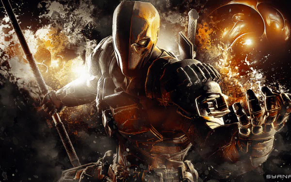 HD desktop wallpaper featuring Deathstroke from the video game Batman: Arkham Origins. The character is depicted in a dynamic, action-packed pose, surrounded by fiery and smoky effects.